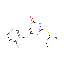 CC[C@@H](C)Sc1nc(Cc2c(F)cccc2F)cc(=O)[nH]1 ZINC000013556514