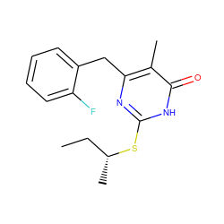 CC[C@@H](C)Sc1nc(Cc2ccccc2F)c(C)c(=O)[nH]1 ZINC000013556473