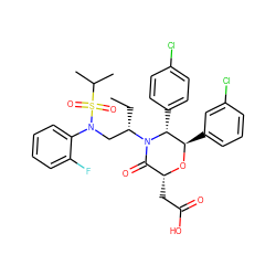 CC[C@@H](CN(c1ccccc1F)S(=O)(=O)C(C)C)N1C(=O)[C@@H](CC(=O)O)O[C@H](c2cccc(Cl)c2)[C@H]1c1ccc(Cl)cc1 ZINC000169307582