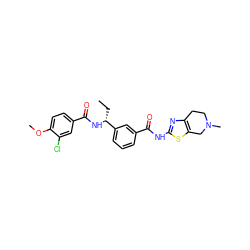 CC[C@@H](NC(=O)c1ccc(OC)c(Cl)c1)c1cccc(C(=O)Nc2nc3c(s2)CN(C)CC3)c1 ZINC000200020553
