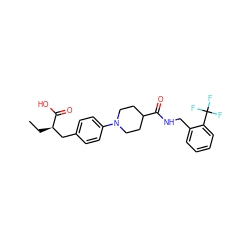 CC[C@H](Cc1ccc(N2CCC(C(=O)NCc3ccccc3C(F)(F)F)CC2)cc1)C(=O)O ZINC000653909229