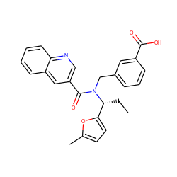 CC[C@H](c1ccc(C)o1)N(Cc1cccc(C(=O)O)c1)C(=O)c1cnc2ccccc2c1 ZINC000150013026