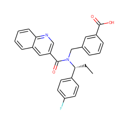 CC[C@H](c1ccc(F)cc1)N(Cc1cccc(C(=O)O)c1)C(=O)c1cnc2ccccc2c1 ZINC000149979777