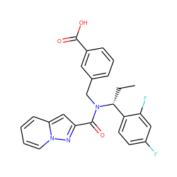 CC[C@H](c1ccc(F)cc1F)N(Cc1cccc(C(=O)O)c1)C(=O)c1cc2ccccn2n1 ZINC000150029125