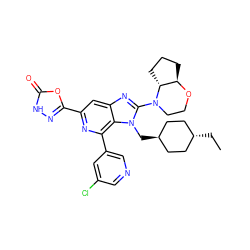 CC[C@H]1CC[C@H](Cn2c(N3CCO[C@@H]4CCC[C@H]43)nc3cc(-c4n[nH]c(=O)o4)nc(-c4cncc(Cl)c4)c32)CC1 ZINC000261158819