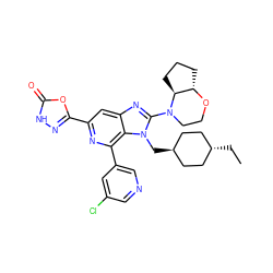 CC[C@H]1CC[C@H](Cn2c(N3CCO[C@H]4CCC[C@@H]43)nc3cc(-c4n[nH]c(=O)o4)nc(-c4cncc(Cl)c4)c32)CC1 ZINC001772634339