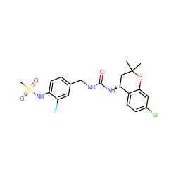 CC1(C)C[C@@H](NC(=O)NCc2ccc(NS(C)(=O)=O)c(F)c2)c2ccc(Cl)cc2O1 ZINC000169704440