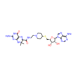 CC1(C)Nc2nc(N)[nH]c(=O)c2N=C1C(=O)NCCN1CCC(SC[C@H]2O[C@@H](n3cnc4c(N)ncnc43)[C@H](O)[C@@H]2O)CC1 ZINC000073198734