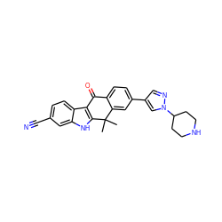 CC1(C)c2cc(-c3cnn(C4CCNCC4)c3)ccc2C(=O)c2c1[nH]c1cc(C#N)ccc21 ZINC000653771310