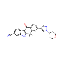 CC1(C)c2cc(-c3cnn(C4CCOCC4)c3)ccc2C(=O)c2c1[nH]c1cc(C#N)ccc21 ZINC000653765631
