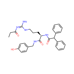 CCC(=O)/N=C(/N)NCCC[C@@H](NC(=O)C(c1ccccc1)c1ccccc1)C(=O)NCc1ccc(O)cc1 ZINC000040892577