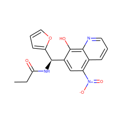CCC(=O)N[C@@H](c1ccco1)c1cc([N+](=O)[O-])c2cccnc2c1O ZINC000000087313