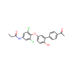 CCC(=O)Nc1cc(Cl)c(Oc2ccc(O)c(-c3ccc(C(C)=O)cc3)c2)c(Cl)c1 ZINC000653899257