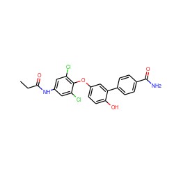 CCC(=O)Nc1cc(Cl)c(Oc2ccc(O)c(-c3ccc(C(N)=O)cc3)c2)c(Cl)c1 ZINC000584905296
