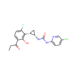 CCC(=O)c1ccc(F)c([C@@H]2C[C@@H]2NC(=O)Nc2ccc(Cl)cn2)c1O ZINC000005964802