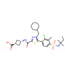 CCC(C)(C)NS(=O)(=O)c1ccc(-c2sc(C(=O)N[C@H]3C[C@H](C(=O)O)C3)nc2CC2CCCCC2)c(Cl)c1C ZINC000299826583