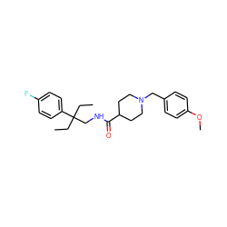 CCC(CC)(CNC(=O)C1CCN(Cc2ccc(OC)cc2)CC1)c1ccc(F)cc1 ZINC000072116512