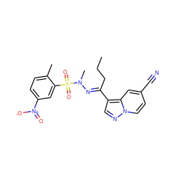 CCC/C(=N\N(C)S(=O)(=O)c1cc([N+](=O)[O-])ccc1C)c1cnn2ccc(C#N)cc12 ZINC000082156414