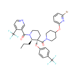 CCC[C@H]1N(C(=O)c2cnccc2C(F)(F)F)CCC[C@@]1(Oc1ccc(C(F)(F)F)cc1)C(=O)N1CCC(Oc2cccc(Br)n2)CC1 ZINC000653849919