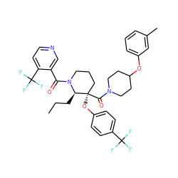 CCC[C@H]1N(C(=O)c2cnccc2C(F)(F)F)CCC[C@@]1(Oc1ccc(C(F)(F)F)cc1)C(=O)N1CCC(Oc2cccc(C)c2)CC1 ZINC000653853299