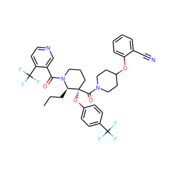 CCC[C@H]1N(C(=O)c2cnccc2C(F)(F)F)CCC[C@@]1(Oc1ccc(C(F)(F)F)cc1)C(=O)N1CCC(Oc2ccccc2C#N)CC1 ZINC000653850029