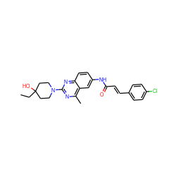 CCC1(O)CCN(c2nc(C)c3cc(NC(=O)/C=C/c4ccc(Cl)cc4)ccc3n2)CC1 ZINC000084586577