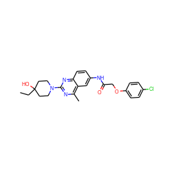 CCC1(O)CCN(c2nc(C)c3cc(NC(=O)COc4ccc(Cl)cc4)ccc3n2)CC1 ZINC000084596146