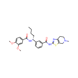 CCCC[C@@H](NC(=O)c1ccc(OC)c(OC)c1)c1cccc(C(=O)Nc2nc3c(s2)CN(C)CC3)c1 ZINC000141659314