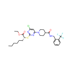 CCCCCC[C@@H](Sc1nc(Cl)cc(N2CCC(C(=O)NCc3ccccc3C(F)(F)F)CC2)n1)C(=O)OCC ZINC000653909241