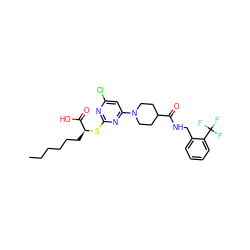 CCCCCC[C@H](Sc1nc(Cl)cc(N2CCC(C(=O)NCc3ccccc3C(F)(F)F)CC2)n1)C(=O)O ZINC000653895028