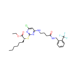 CCCCCC[C@H](Sc1nc(Cl)cc(NCCCC(=O)NCc2ccccc2C(F)(F)F)n1)C(=O)OCC ZINC000653889557