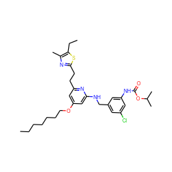 CCCCCCCOc1cc(CCc2nc(C)c(CC)s2)nc(NCc2cc(Cl)cc(NC(=O)OC(C)C)c2)c1 ZINC000036351439