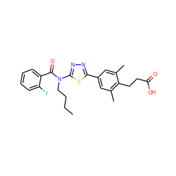 CCCCN(C(=O)c1ccccc1F)c1nnc(-c2cc(C)c(CCC(=O)O)c(C)c2)s1 ZINC000095558608