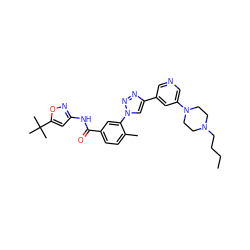 CCCCN1CCN(c2cncc(-c3cn(-c4cc(C(=O)Nc5cc(C(C)(C)C)on5)ccc4C)nn3)c2)CC1 ZINC000199371123