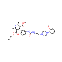 CCCCOC(=O)C1C(C)=NC(C)=C(C(=O)OC)[C@@H]1c1cccc(NC(=O)NCCCN2CCN(c3ccccc3OC)CC2)c1 ZINC000027209064