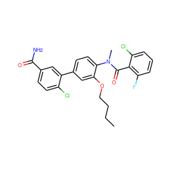 CCCCOc1cc(-c2cc(C(N)=O)ccc2Cl)ccc1N(C)C(=O)c1c(F)cccc1Cl ZINC000473249093