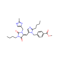 CCCCc1ncc(/C=C2/C(=O)N(CCCC)C(=O)N2Cc2c[nH]c(C)n2)n1Cc1ccc(C(=O)OC)cc1 ZINC000013743393