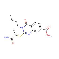 CCCCn1c(S[C@@H](C)C(N)=O)nc2cc(C(=O)OC)ccc2c1=O ZINC000003370388