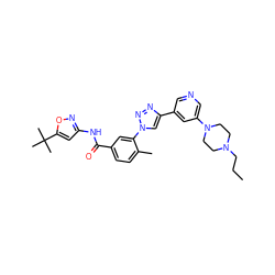 CCCN1CCN(c2cncc(-c3cn(-c4cc(C(=O)Nc5cc(C(C)(C)C)on5)ccc4C)nn3)c2)CC1 ZINC000224285879