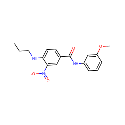 CCCNc1ccc(C(=O)Nc2cccc(OC)c2)cc1[N+](=O)[O-] ZINC000066073880