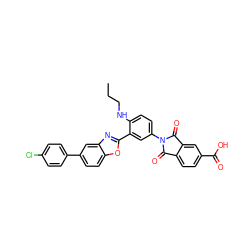 CCCNc1ccc(N2C(=O)c3ccc(C(=O)O)cc3C2=O)cc1-c1nc2cc(-c3ccc(Cl)cc3)ccc2o1 ZINC000003925171