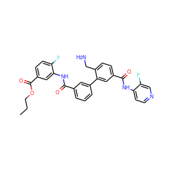 CCCOC(=O)c1ccc(F)c(NC(=O)c2cccc(-c3cc(C(=O)Nc4ccncc4F)ccc3CN)c2)c1 ZINC000206416242