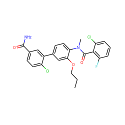 CCCOc1cc(-c2cc(C(N)=O)ccc2Cl)ccc1N(C)C(=O)c1c(F)cccc1Cl ZINC000221912298