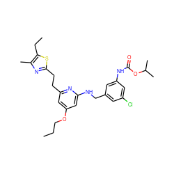 CCCOc1cc(CCc2nc(C)c(CC)s2)nc(NCc2cc(Cl)cc(NC(=O)OC(C)C)c2)c1 ZINC000029472351
