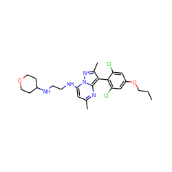 CCCOc1cc(Cl)c(-c2c(C)nn3c(NCCNC4CCOCC4)cc(C)nc23)c(Cl)c1 ZINC000071332985