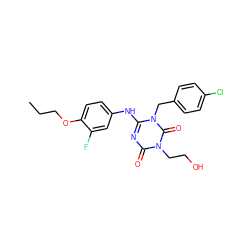 CCCOc1ccc(Nc2nc(=O)n(CCO)c(=O)n2Cc2ccc(Cl)cc2)cc1F ZINC000200511883