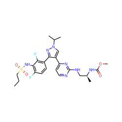 CCCS(=O)(=O)Nc1c(F)ccc(-c2nn(C(C)C)cc2-c2ccnc(NC[C@H](C)NC(=O)OC)n2)c1F ZINC000147422197