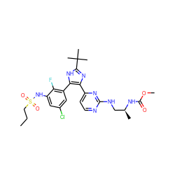 CCCS(=O)(=O)Nc1cc(Cl)cc(-c2[nH]c(C(C)(C)C)nc2-c2ccnc(NC[C@H](C)NC(=O)OC)n2)c1F ZINC000169694699