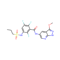 CCCS(=O)(=O)Nc1cc(F)c(F)c(C(=O)Nc2cnc3[nH]nc(OC)c3c2)c1F ZINC000072179899