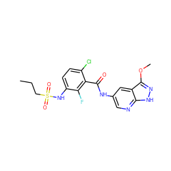 CCCS(=O)(=O)Nc1ccc(Cl)c(C(=O)Nc2cnc3[nH]nc(OC)c3c2)c1F ZINC000072181119